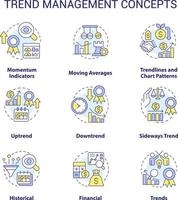 tendenza gestione concetto icone impostare. tendenze analizzando processi. attività commerciale strategia idea magro linea colore illustrazioni. isolato simboli. modificabile ictus vettore