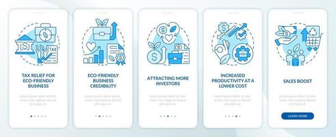 eco-friendly attività commerciale vantaggi blu onboarding mobile App schermo. Procedura dettagliata 5 passaggi modificabile grafico Istruzioni con lineare concetti. ui, ux, gui modello vettore
