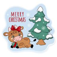 accogliente Toro sotto il Natale albero cartone animato vettore illustrazione