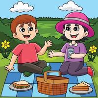 primavera ragazza e ragazzo avendo un' picnic colorato vettore