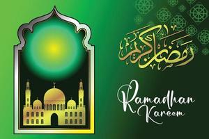 Ramadan kareem. saluto carta inviti oro calligrafia nel gradien sfondo vettore