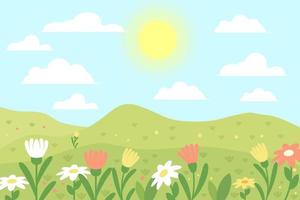 piatto design primavera paesaggio sfondo illustrazione con fiori, sole, e nube vettore