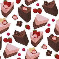 un' impostato di pezzi di cioccolato e fragola torta. dolce con decorativo elementi di fragole. sfondo per stampa su tessile e carta. senza soluzione di continuità regalo involucro per il compleanno festa vettore