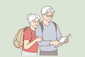 sorridente maturo coppia con zaini Guarda a carta carta geografica viaggio insieme. contento anziano uomo e donna i viaggiatori Guarda su vacanza. vettore illustrazione.