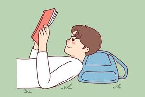 contento tipo dire bugie su erba lettura libro. sorridente bambino godere letteratura. conoscenza e formazione scolastica. vettore illustrazione.
