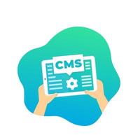 cms, sistema di gestione dei contenuti, tablet in mano, vector.eps vettore