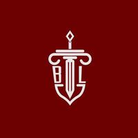 bl iniziale logo monogramma design per legale avvocato vettore Immagine con spada e scudo