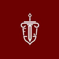 fj iniziale logo monogramma design per legale avvocato vettore Immagine con spada e scudo