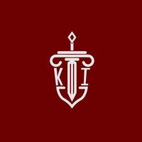 ki iniziale logo monogramma design per legale avvocato vettore Immagine con spada e scudo
