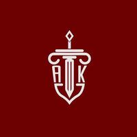 ak iniziale logo monogramma design per legale avvocato vettore Immagine con spada e scudo