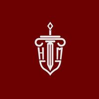 hm iniziale logo monogramma design per legale avvocato vettore Immagine con spada e scudo