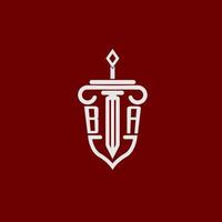 ba iniziale logo monogramma design per legale avvocato vettore Immagine con spada e scudo