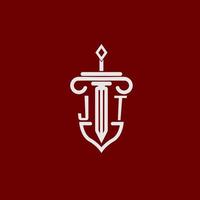 jt iniziale logo monogramma design per legale avvocato vettore Immagine con spada e scudo