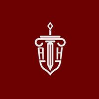 ah iniziale logo monogramma design per legale avvocato vettore Immagine con spada e scudo