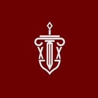 xx iniziale logo monogramma design per legale avvocato vettore Immagine con spada e scudo
