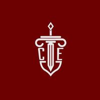 ce iniziale logo monogramma design per legale avvocato vettore Immagine con spada e scudo