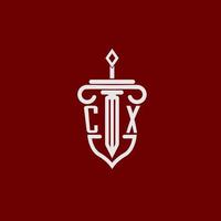 cx iniziale logo monogramma design per legale avvocato vettore Immagine con spada e scudo
