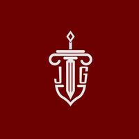 jg iniziale logo monogramma design per legale avvocato vettore Immagine con spada e scudo