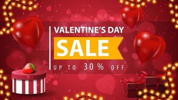 saldi di san valentino, fino a 30, banner sconto rosso con ampia offerta con nastro, cornice ghirlanda, regali e palloncini a forma di cuore vettore