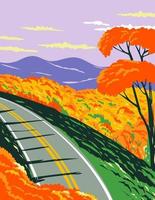 skyline drive al parco nazionale di shenandoah con le montagne blue ridge durante l'autunno in virginia poster art wpa vettore