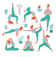 8 donne nello yoga pone a colori su sfondo bianco. poster di tendenza contemporanea. personaggi isolati. vettore