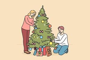 contento coppia decorare abete con palle e bulbi insieme. sorridente uomo e donna godere Natale albero decorazione a casa per inverno vacanze. vettore illustrazione.