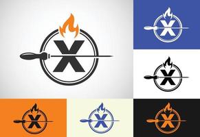 iniziale X lettera alfabeto con un' spiedo e fuoco fiamma. logo design per barbecue, seekh kebab, eccetera. vettore