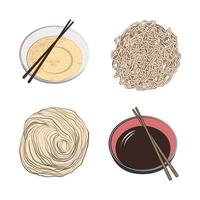 tradizionale giapponese o coreano cibo - un' impostato di ingredienti per tradizionale orientale ramen spaghetto zuppe. vettore illustrazione nel disegnato a mano stile su un' bianca sfondo.