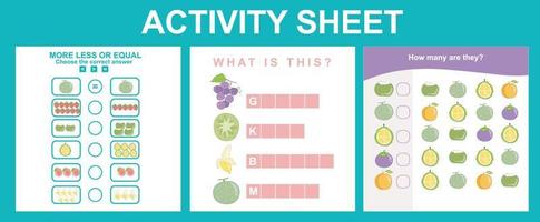 3 nel 1 attività per bambini. educativo stampabile foglio di lavoro. frutta foglio di lavoro tema. vettore illustrazioni.