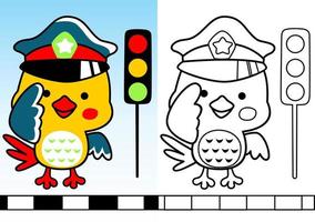carino uccello traffico poliziotto con semaforo, vettore cartone animato illustrazione, colorazione libro o pagina