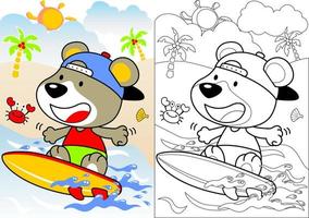 fare surf tempo con poco orso, vettore cartone animato, colorazione libro o pagina