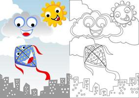 divertente aquilone nel il cielo con sole e nuvole, vettore cartone animato, colorazione libro o pagina