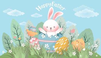 contento Pasqua carta, striscione, sfondo con soprattutto lepri, uova e pulcini su il prato vettore