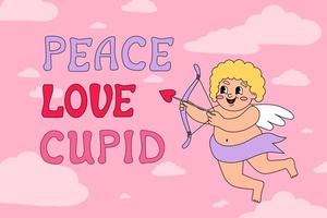 San Valentino giorno illustrazione con Cupido. nube cielo sfondo. vettore illustrazione nel cartone animato Groovy stile