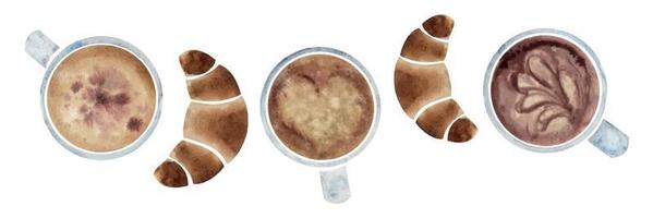 acquerello mano disegnato composizione con capuccino porcellana e oro caffè tazze, Cornetti. isolato su bianca sfondo. per inviti, bar, ristorante cibo menù, Stampa, sito web, carte vettore