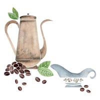 acquerello mano disegnato composizione con rame caffè pentola e porcellana tazze, crema, foglie, fagioli. isolato su bianca sfondo. per inviti, bar, ristorante cibo menù, Stampa, sito web, carte vettore