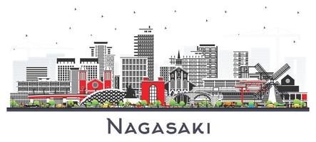 Nagasaki Giappone città orizzonte con colore edifici isolato su bianca. vettore illustrazione. Nagasaki paesaggio urbano con punti di riferimento.