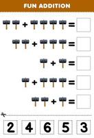 formazione scolastica gioco per bambini divertimento aggiunta di tagliare e incontro corretta numero per carino cartone animato martello stampabile attrezzo foglio di lavoro vettore