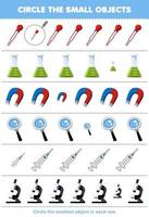 formazione scolastica gioco per bambini cerchio il il più piccolo oggetto nel ogni riga di carino cartone animato contagocce coppa magnete lente d'ingrandimento siringa microscopio stampabile attrezzo foglio di lavoro vettore