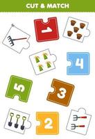 formazione scolastica gioco per bambini tagliare pezzo di puzzle e incontro di numero di carino cartone animato rastrello forchetta pala spruzzatore pentola stampabile attrezzo foglio di lavoro vettore