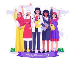 un' gruppo di donne nel vario professioni sollevato loro mani. lottando per libertà, indipendenza, e uguaglianza. Da donna giorno concetto illustrazione vettore