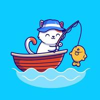 carino gatto pesca nel il mare su barca cartone animato vettore icona illustrazione. animale ricreazione icona concetto isolato premio vettore. piatto cartone animato stile