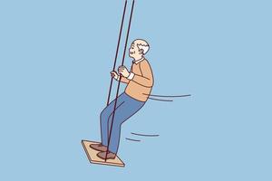 contento energico vecchio uomo avere divertimento su swing godere scadenza. sorridente maturo nonno oscillante all'aperto mostrare attività e energia su pensione. vettore illustrazione.