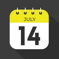 luglio giorno 14. numero quattordici su un' bianca carta con giallo colore confine su un' nero sfondo vettore. vettore