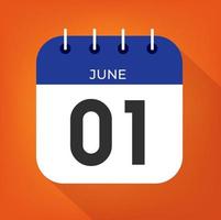 giugno giorno 1. numero uno su un' bianca carta con blu colore confine su un' arancia sfondo vettore. vettore