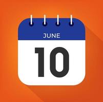 giugno giorno 10. numero dieci su un' bianca carta con blu colore confine su un' arancia sfondo vettore. vettore