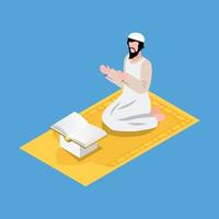 isometrico leggere il Corano nel il mese di Ramadan quale è pieno di benedizioni illustrazione nel blu isolato sfondo con persone e digitale relazionato risorsa vettore