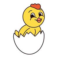 retrò Groovy Pasqua pollo nel uovo nel di moda cartone animato 60s 70s stile. vecchio classico cartone animato stile. piatto vettore illustrazione