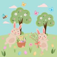 Pasqua primavera vettore con carino coniglietti, uova, uccelli, api, farfalle. mano disegnato piatto cartone animato elementi.