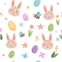 Pasqua primavera modello con carino coniglietti, uova, uccelli, api, farfalle. mano disegnato piatto cartone animato elementi. vettore